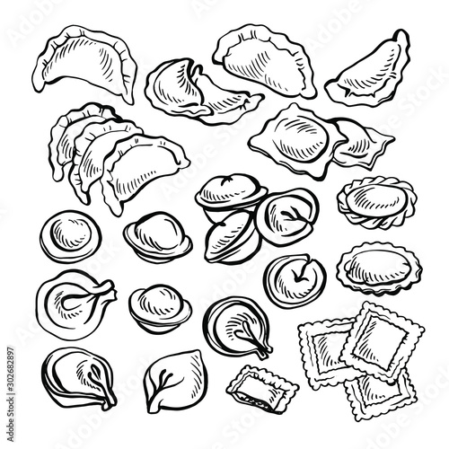 Sketch hand drawn Vareniki. Pelmeni. Meat dumplings. Food. Cooking. National dishes. Products from the dough and meat.