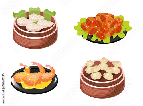Chinese dishes color icons set. Dumplings types with meat and vegetables filling. Seafood, prawns and schrimps. Eastern traditional cuisine. Meat chops with sauce. Isolated vector illustrations