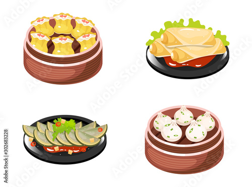 Chinese dishes color icons set. Dumplings types with meat and vegetables filling. Spring rolls and vegetable salad. Eastern traditional cuisine. Squash with sauce. Isolated vector illustrations