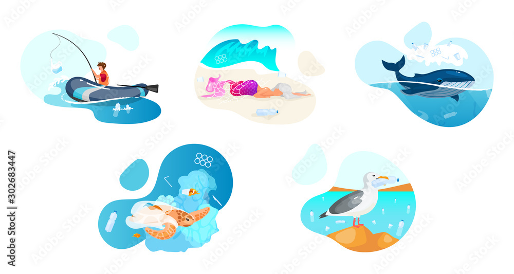 Plastic pollution in ocean flat concept icons set. Sea water contamination problem stickers, cliparts pack. Ecological catastrophe, nature damage. Isolated cartoon illustrations on white background