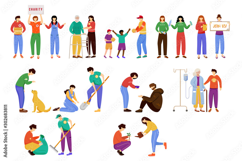 Charity works flat vector illustrations set. Selfless volunteers, young activists isolated cartoon characters. Environment and homeless animals care. Elderly and poor people support design elements