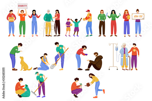 Charity works flat vector illustrations set. Selfless volunteers  young activists isolated cartoon characters. Environment and homeless animals care. Elderly and poor people support design elements