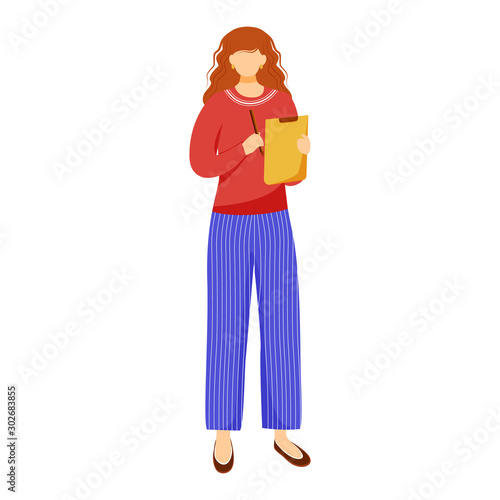 Woman with clipboard flat vector illustration. Volunteer, office manager, social service worker isolated cartoon character on white background. Activist collecting signatures. Opinion poll, research