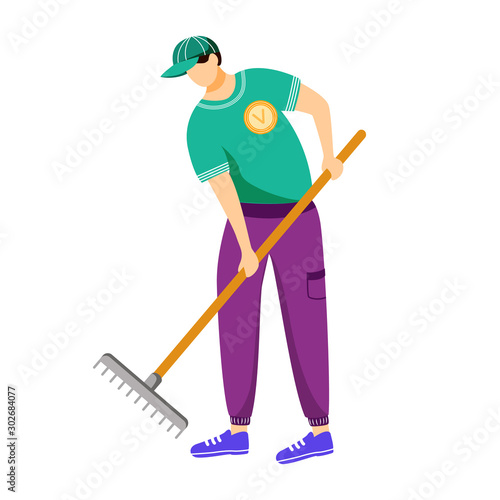 Volunteer working with rake flat vector illustration. Cleaning service worker in uniform isolated cartoon character on white background. Environment care, community work day design element