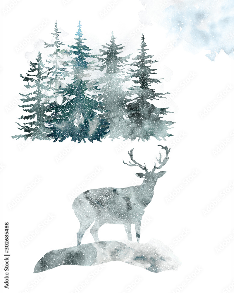 Obraz Watercolor hand drawn silhouette of red deer and snowy coniferous trees, isolated on white background. Wild animal and pine tree forest. Winter illustration.