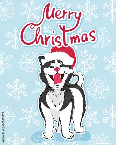 merry christmas slogan greeting card with cute funny husky dog in santa hat on blue background with white snowflakes, editable vector illustration for holiday decoration