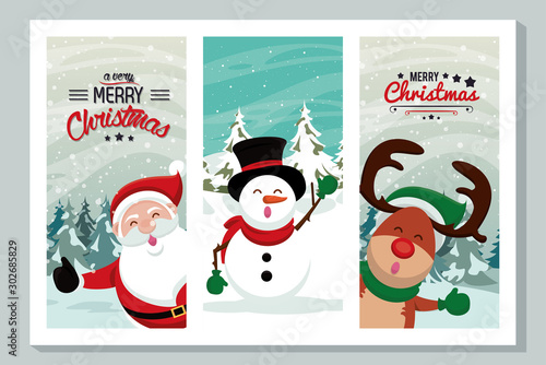 happy merry christmas card with cute characters