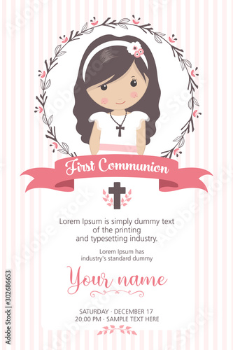 First communion girl. Girl with communion dress and flower frame, in pink and brown tones