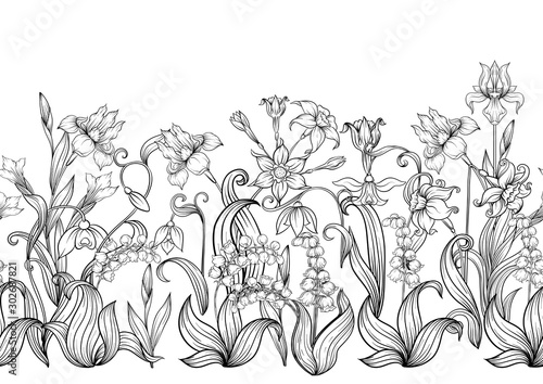 Spring flowers. Narcissus, Iris flower, lily of the valley, may-lily, Seamless pattern, background. Outline hand drawing vector illustration. In art nouveau style, vintage, old, retro style