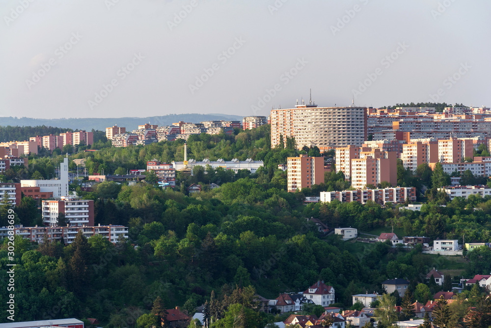 Zlin skyline with segment of southern slopes prefab housing estate, Moravia, Czech Republic, sunny summer day