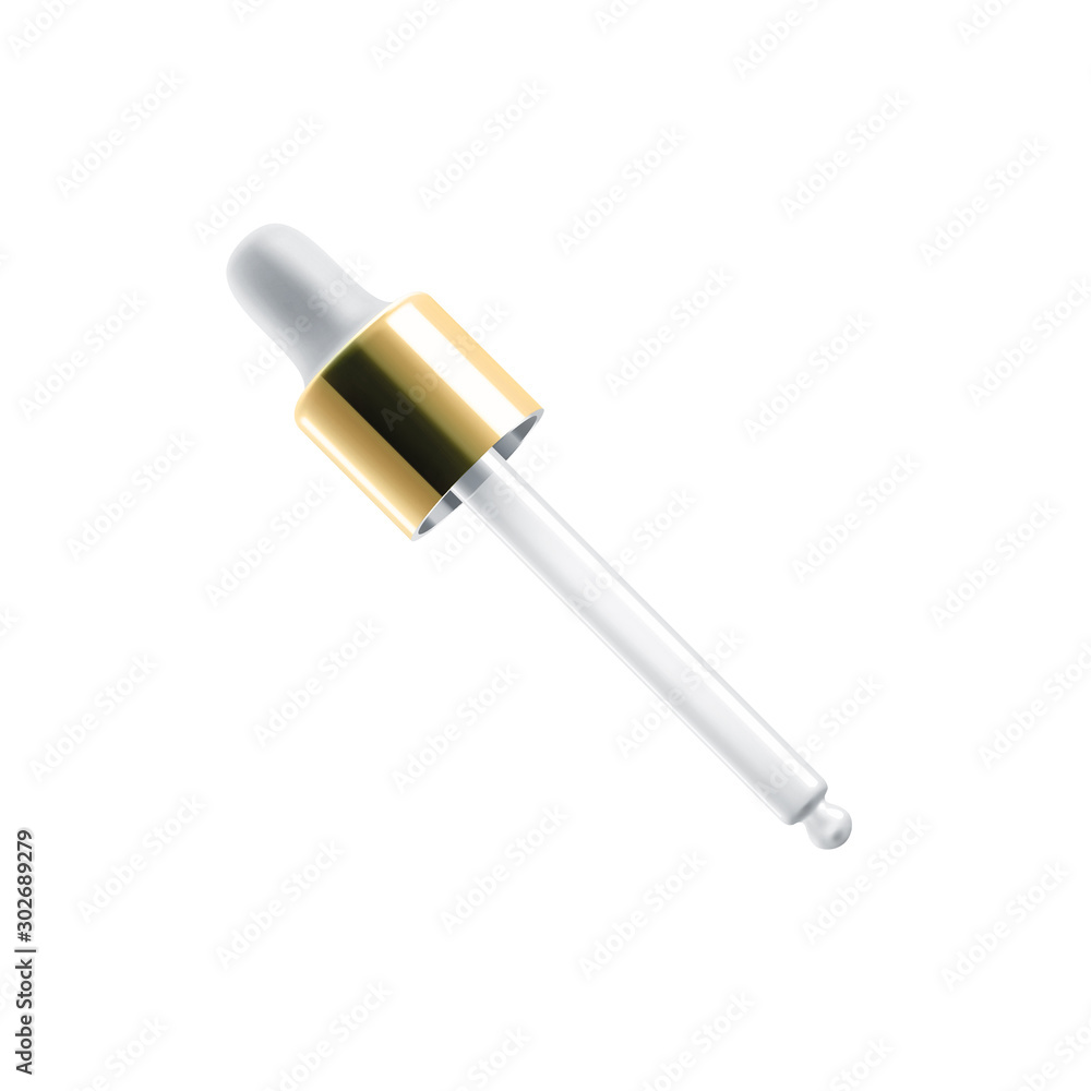 Glass dropper with golden cap, 3D realistic mockup. Cosmetic bottle glass dropper with white rubber tip and transparent empty pipette for face skincare moisturizer and collagen serum oil Glass dropper with golden cap, 3D realistic mockup. Cosmetic bottle glass dropper with white rubber tip and transparent empty pipette for face skincare moisturizer and collagen serum oil