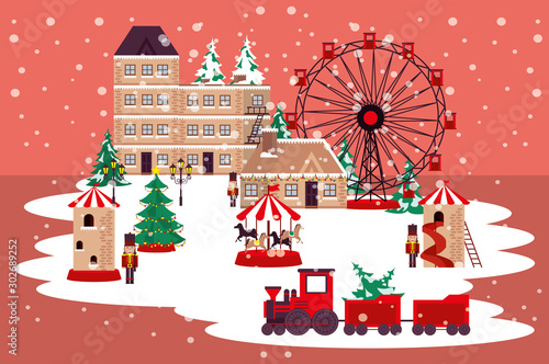 christmas winter street scene with panoramic wheel