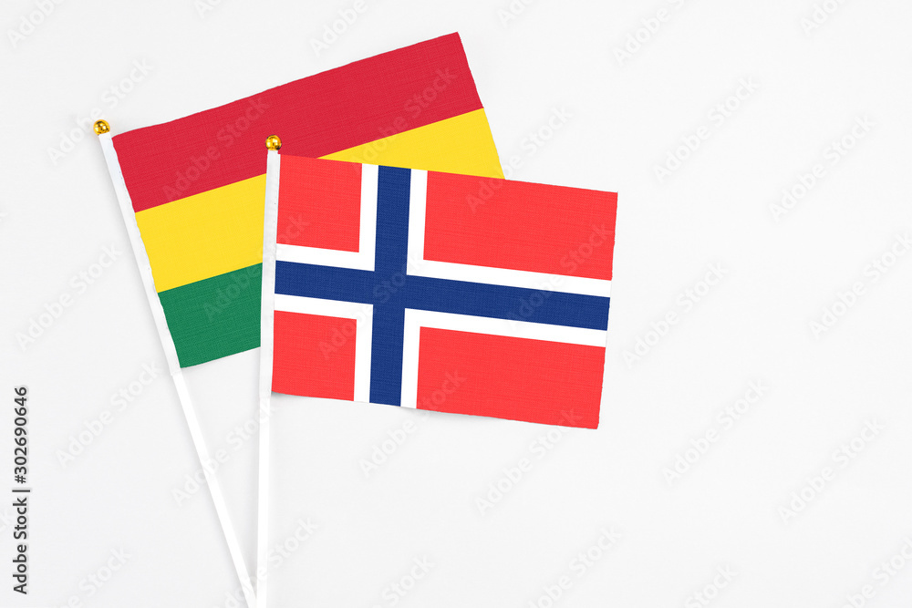 Bouvet Islands and Ghana stick flags on white background. High quality fabric, miniature national flag. Peaceful global concept.White floor for copy space.