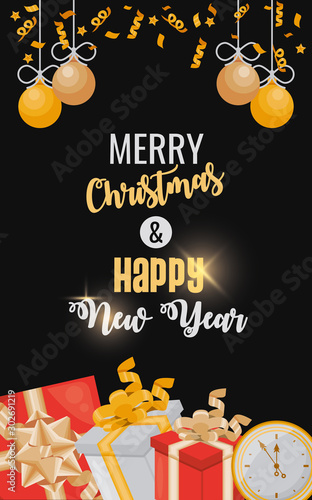 happy new year card with gifts and balls hanging photo