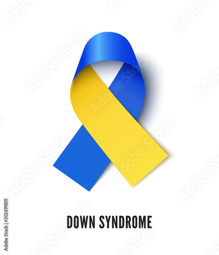 Down syndrome awareness symbol realistic vector illustration. Blue and yellow ribbon isolated on white background. World mental disability tolerance month, congenital brain disease solidarity