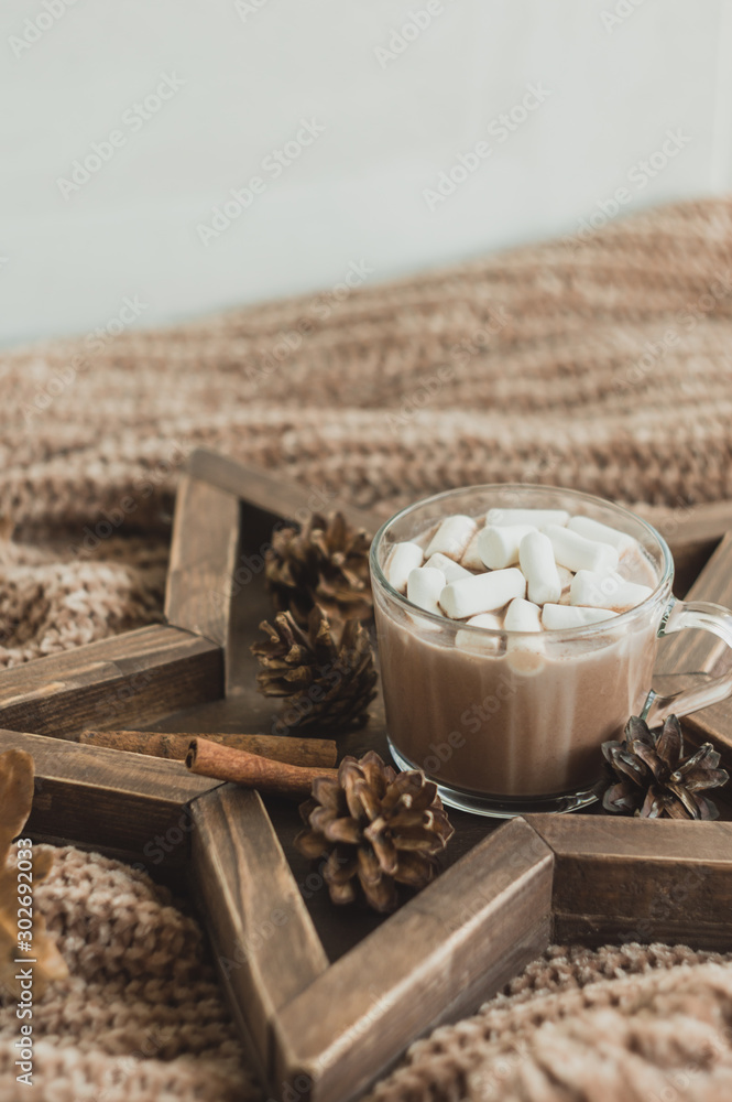 A cup of cocoa with marshmallows on a star tray with cones, cinnamon and a knitted sweater. Cozy winter background. A cup of cocoa with marshmallows on a star tray with cones, cinnamon and a knitted sweater. Cozy winter background.