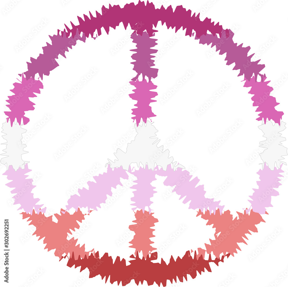 Peace sign in colors of the lesbian flag with rough / fur effect