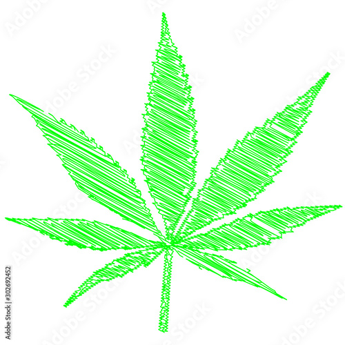 A green sketch design of a cannabis leaf.