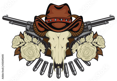 Vector banner or emblem with skull of bull in brown hat, two old revolvers, bullets and white roses. Banner on the theme of death, firearms and pistols. Template for clothing, t-shirt design, tattoo