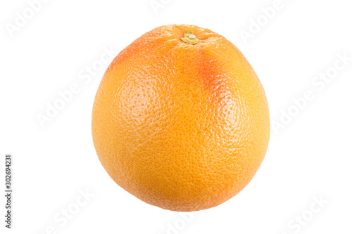 Close-up of a whole ripe pink grapefruit (Citrus paradisi), isolated on white background.