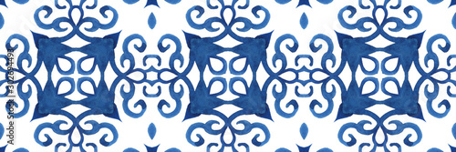 Antique portuguese tiles. Blue Azulejos ceramic. Spanish pottery..Sicily italian majolica. Vintage ethnic background . Mediterranean watercolor seamless wallpaper. Moroccan ornaments in indigo color