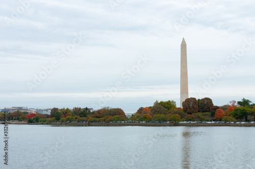 The Washington Monument in Washington D.C. with Colorful Autumn Trees seen from the Tidal Basin