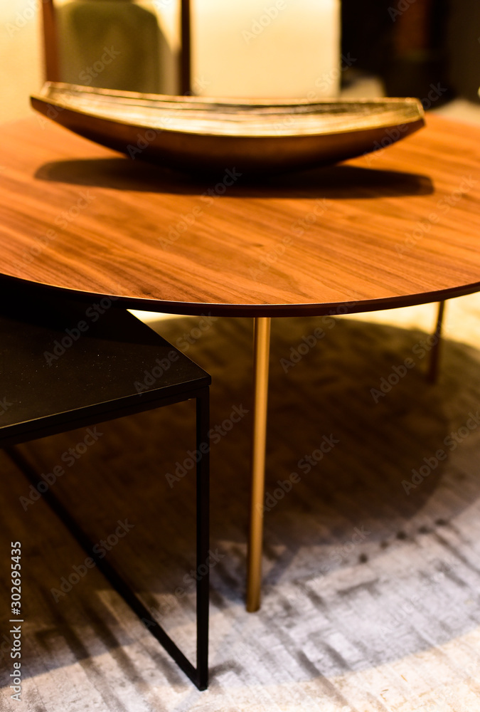 wooden table and chairs and golden details, inner decoration wooden table and chairs and golden details, inner decoration