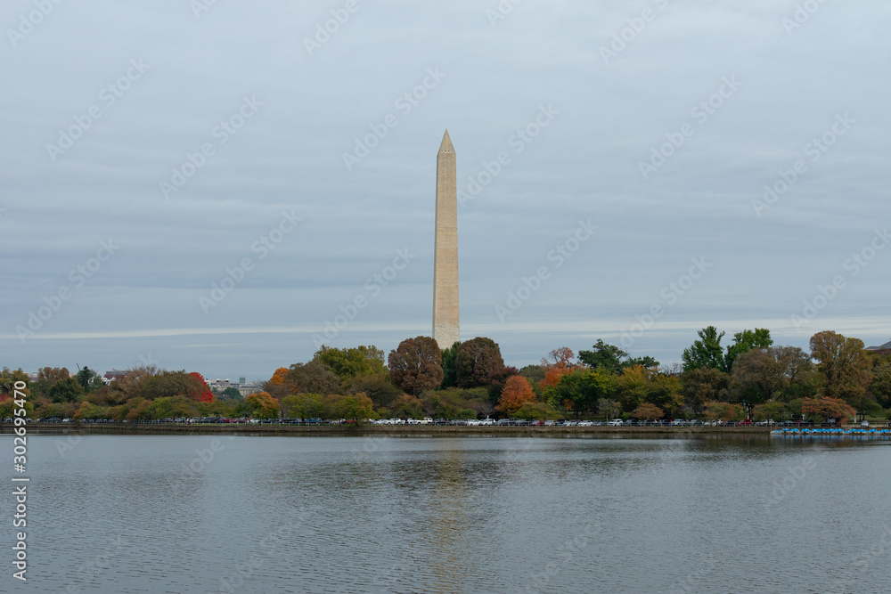 The Washington Monument in Washington D.C. with Colorful Autumn Trees seen from the Tidal Basin