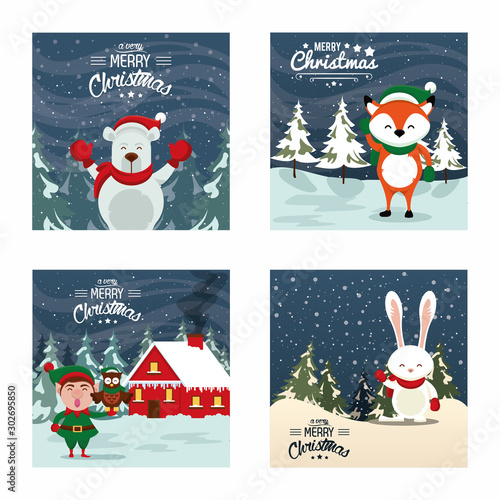 happy merry christmas card with cute characters