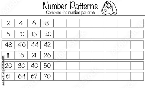 Puzzle game for children. Complete the number patterns. Preschool printable worksheet activity for kids. Education game, iq test, brain training photo
