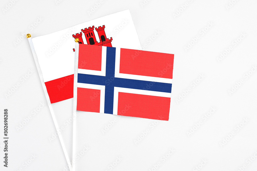 Bouvet Islands and Gibraltar stick flags on white background. High quality fabric, miniature national flag. Peaceful global concept.White floor for copy space.