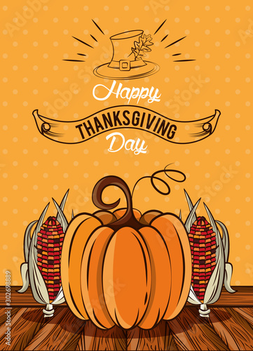 happy thanksgiving day card with pumpkin and corns