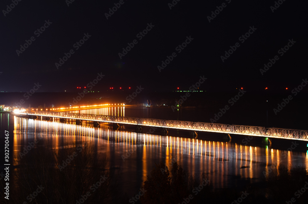 Night view on volga river bridge. Imperial bridge, Ulyanovsk, Russia