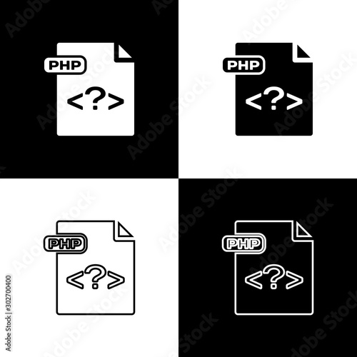 Set PHP file document. Download php button icon isolated on black and white background. PHP file symbol. Vector Illustration
