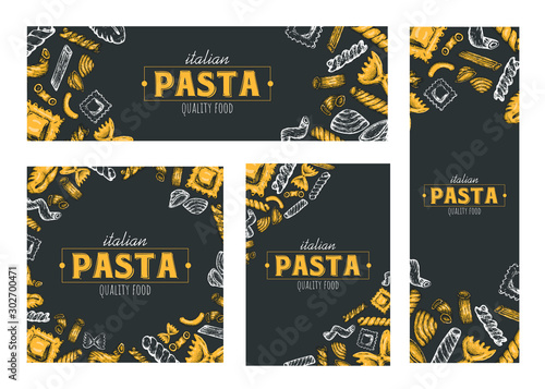 Pasta banners, cards design, vector hand drawn pasta elements design, set of various cards.