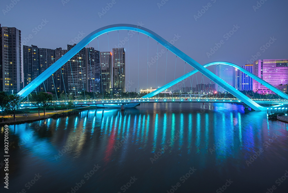 Nansha CBD Building and Jiaomen Bridge Night Scene in Guangzhou, China