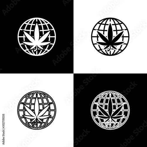 Set Legalize marijuana or cannabis globe symbol icon isolated on black and white background. Hemp symbol. Vector Illustration