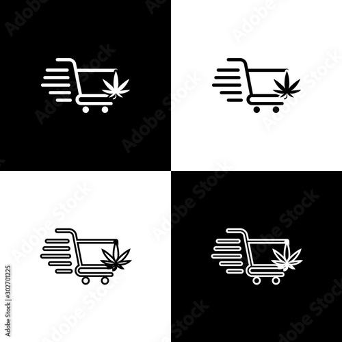 Set Shopping cart with marijuana or cannabis leaf icon isolated on black and white background. Online buying. Delivery service. Supermarket basket. Vector Illustration