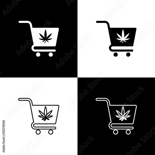 Set Shopping cart with marijuana or cannabis leaf icon isolated on black and white background. Online buying. Delivery service. Supermarket basket. Vector Illustration
