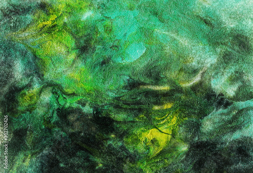 Acrylic paint illustration: spectacular stains of aquamarine, gray, green and yellow. Beautiful abstract image.