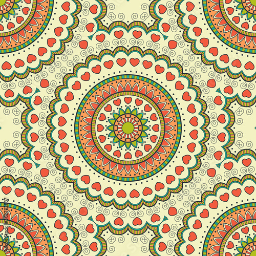 Decorative colorful ethnic seamless pattern for fabric or wrapping in oriental style. Hand drawn illustration