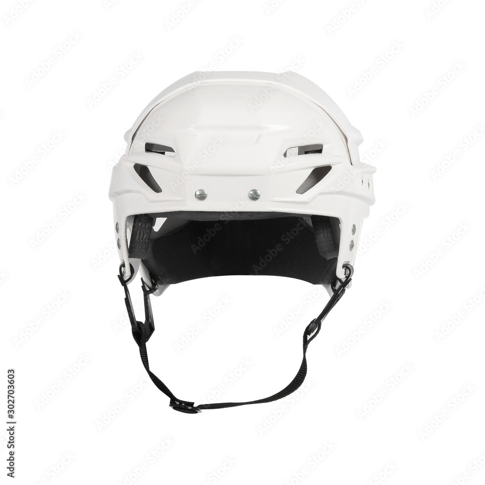 Naklejka premium White plastic hockey helmet isolated on white.