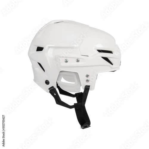 White plastic hockey helmet isolated on white.