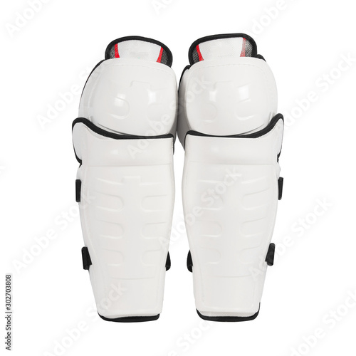 Photography White ice hockey shin pads isolated on white background.