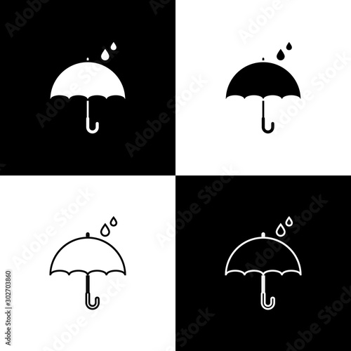 Set Umbrella and rain drops icon isolated on black and white background. Waterproof icon. Protection, safety, security concept. Water resistant symbol. Vector Illustration