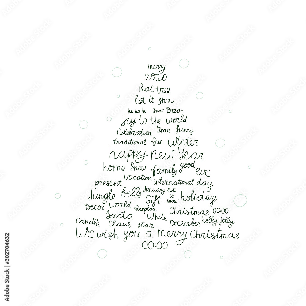 Fototapeta premium Background with Christmas and New Year holidays calligraphy. Modern Christmas tree consisting of phrases and words. Holiday tree for using in banner, poster, greeting card or print on textile
