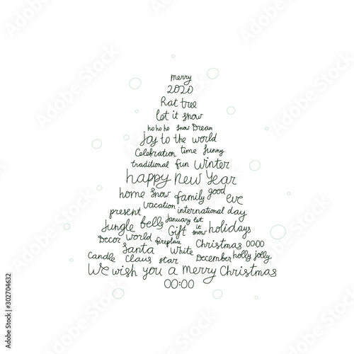 Background with Christmas and New Year holidays calligraphy. Modern Christmas tree consisting of phrases and words. Holiday tree for using in banner, poster, greeting card or print on textile