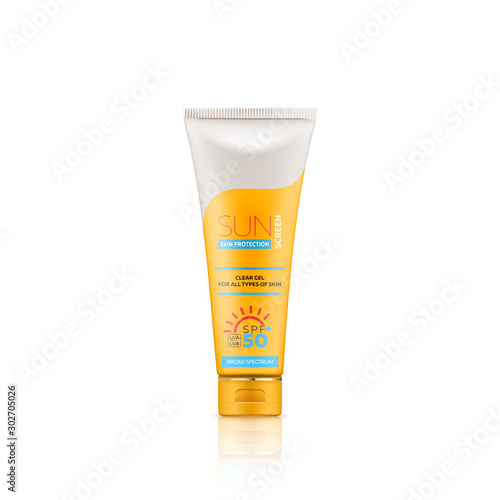 Sunscreen gel or cream for skin protection and UVA/UVB rays blocking, isolated on white background. Ready for branding, packaging and advertising design. High quality realistic vector illustration.