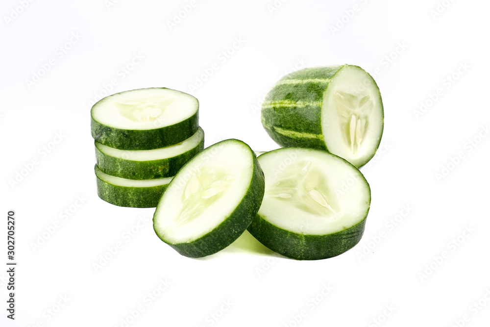 Fresh cucumber, chopped cucumber, salad ingredient,isolated on white background. Fresh cucumber, chopped cucumber, salad ingredient,isolated on white background.