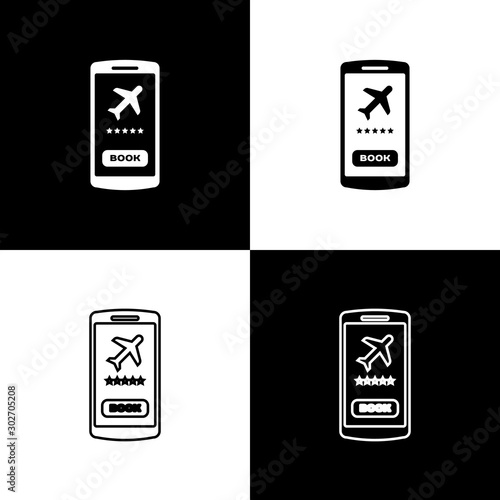 Set Smartphone with electronic boarding pass airline ticket icon isolated on black and white background. Passenger plane mobile ticket for web and app. Vector Illustration